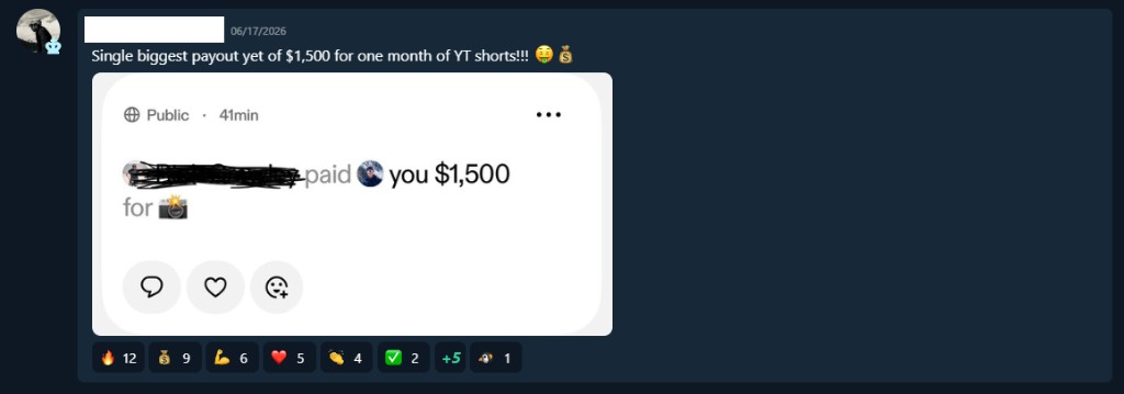 Discord post: “Single biggest payout yet of $1,500 for one month of YT shorts”, with a payment notification for $1,500.